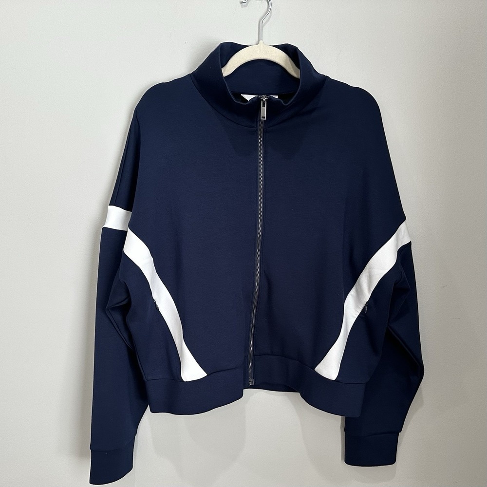 SPANX AirEssentials Striped Blue White Track Jacket Size 1X